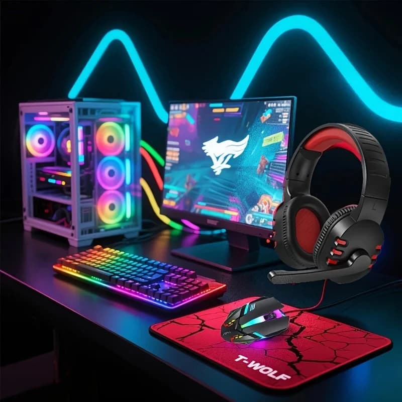 Gaming Kit 4-in-1 2026: Cabin Keyboard, Mouse, Mouse Mat and Gaming Headphones with LED Retro Illumination and Microphone for Esports, Gaming and Office