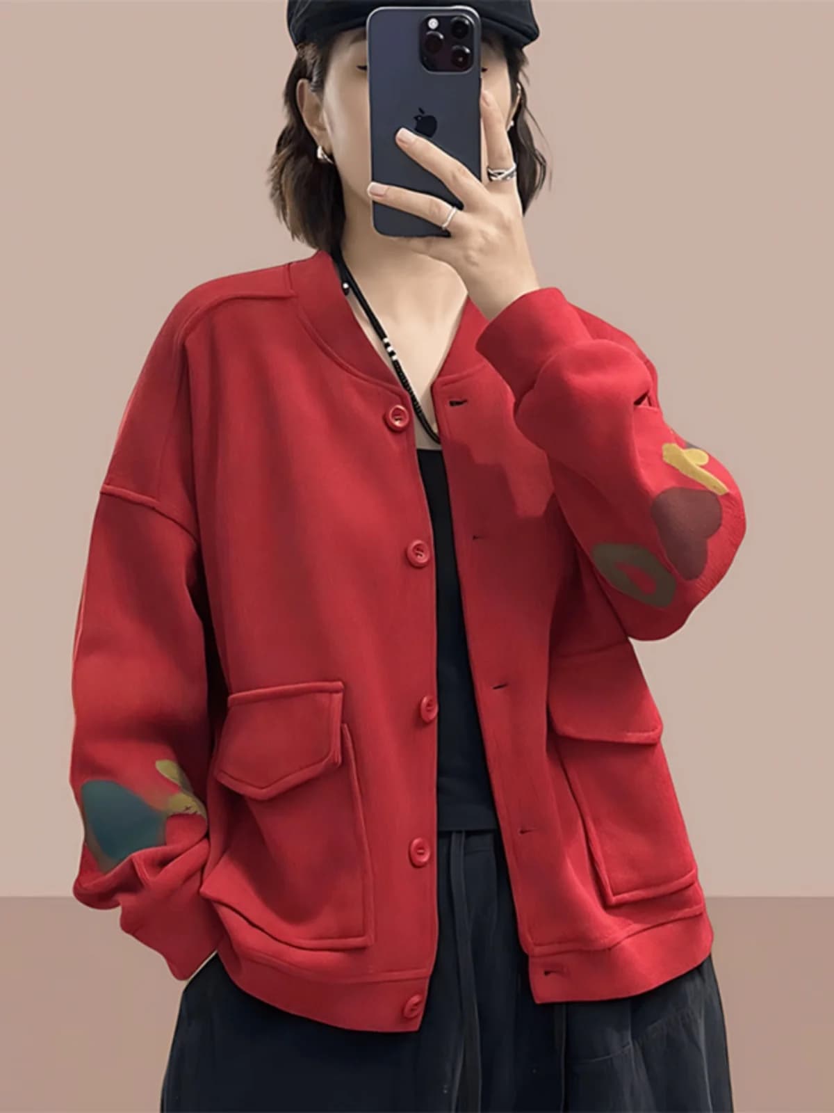 Red Baseball Jacket Women's Spring Autumn 2026 New Style Age-Defying Beautiful Fashionable Large Size Loose Single Button Ope...