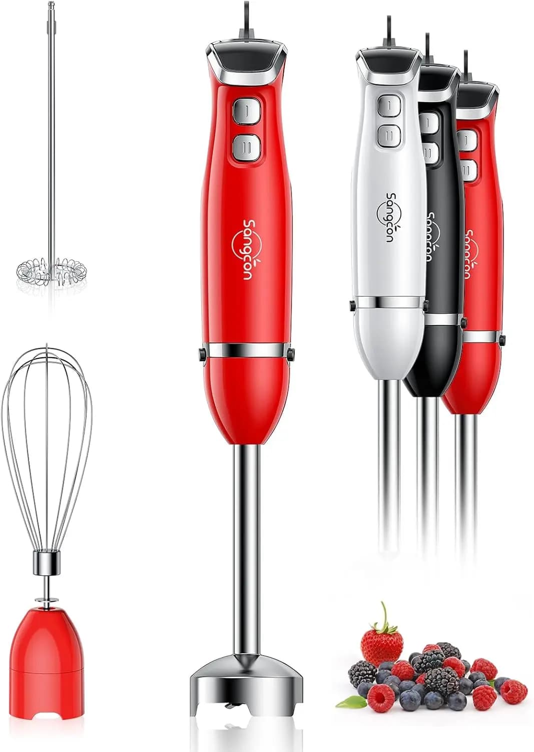 Frullatore a Immersione 3-in-1, Elettrico da 400W con Accessori Frusta e Montalatte, Rosso