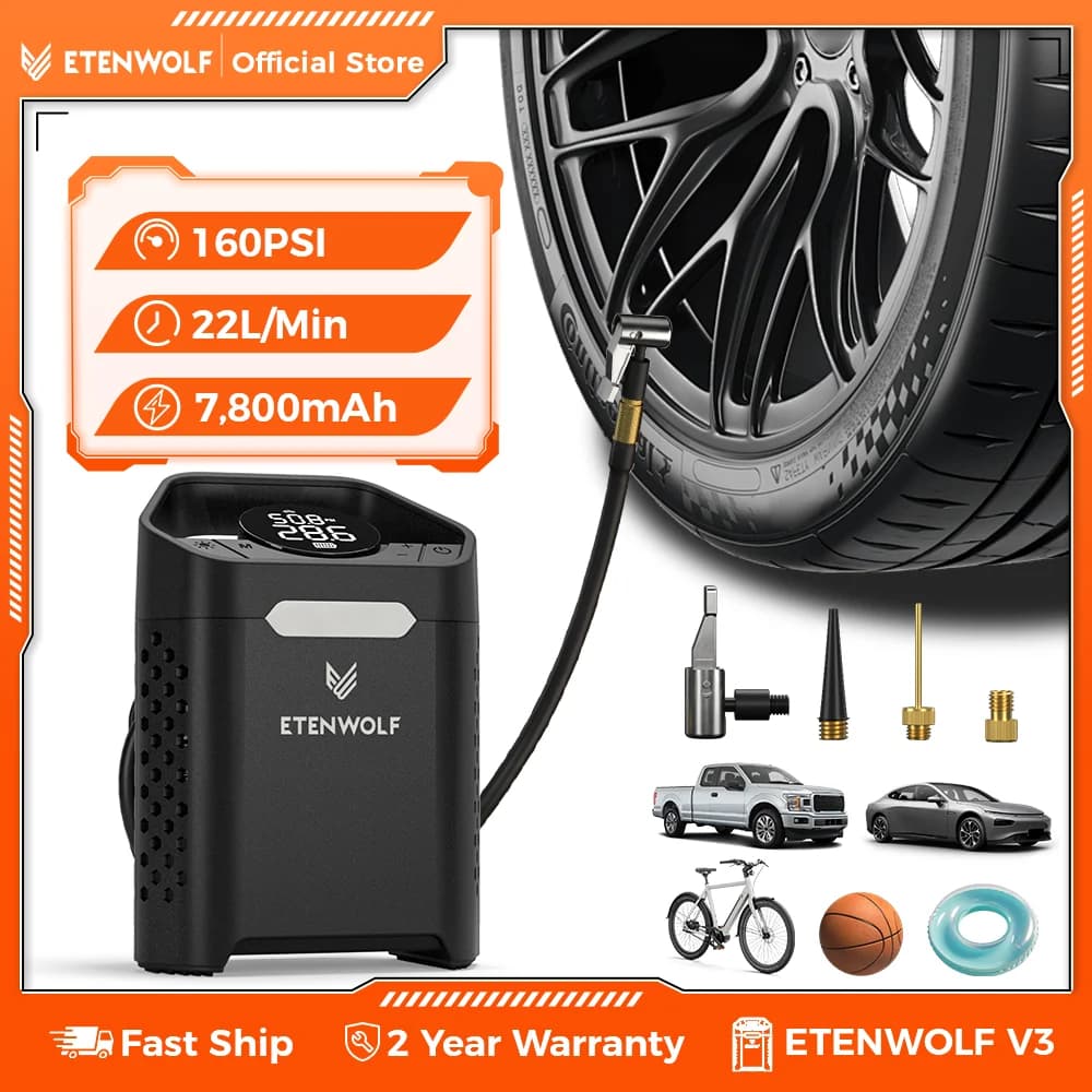 Nuovo ETENWOLF V3 Pompa di Gonfiaggio Pneumatici Portatile 160 PSI Compressore Per Auto 100% Duty Cycle 7800mAh pompa di Aria Per Auto Moto bicicletta