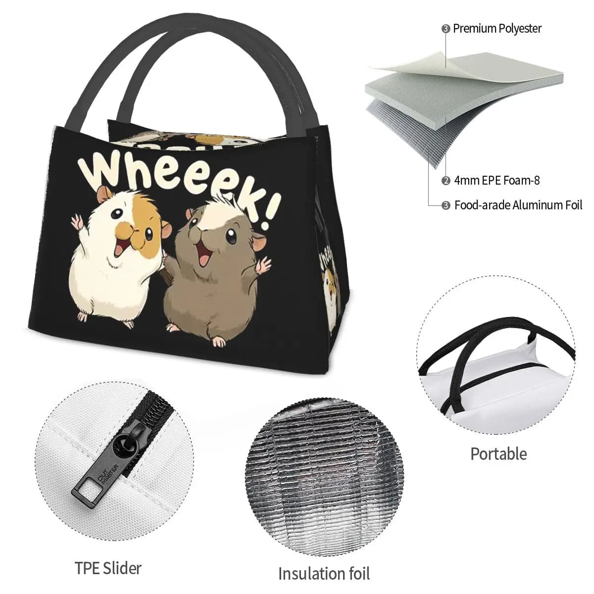 Happy Guinea Pig Insulated Lunch Bag for Women Picnic Storage Food Boxes Portable Container Cooler Thermal Lunch Box Tote