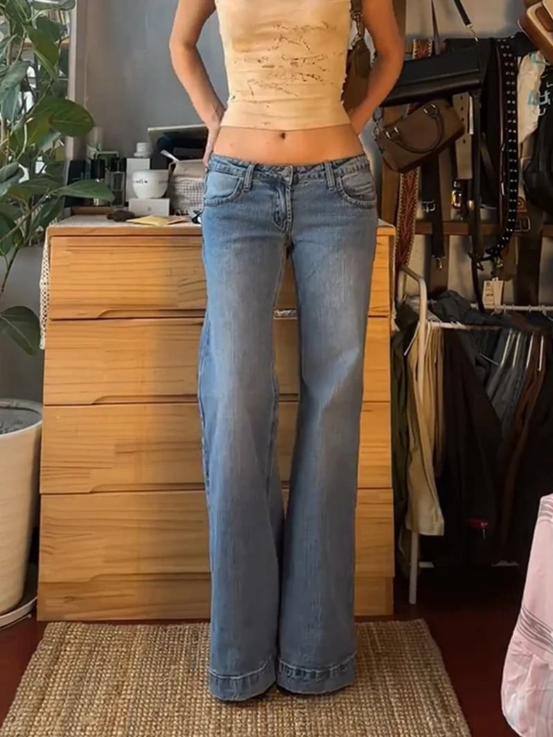 Low Waist Wide Leg Jeans Women's Summer 2026 Retro Loose Fit Bootcut Denim Jeans High Waist Slim Fit Long Pants Deep Blue