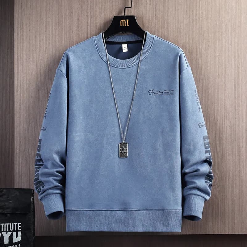 Round Neck Men's Spring Autumn Deerskin Plush Warm Hoodies Sweatshirt Sports Casual Loose Bottoming Shirt Pullover