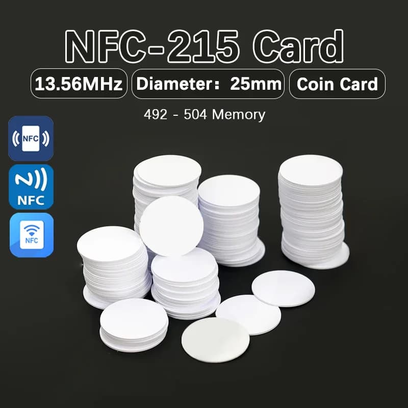10 pezzi/50 pezzi NFC215 25mm13.56MHz NFC coin card tag NFC215 modello in PVC impermeabile adatto a tutti i telefoni cellulari NFC