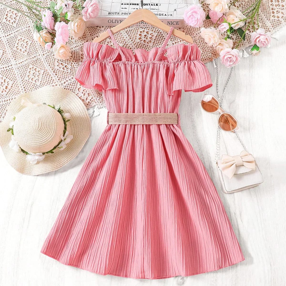 Abbigliamento per bambini 8 9 10 12 anni 2025 estate Ragazze Bretelle in rete di pizzo Abito con spalle scoperte Adolescente Bumpy Princess slip tube TEE abiti