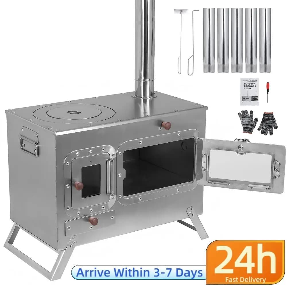 Wood Stove for Tent with 4 Waste Pipes, Stainless Steel Camping Stove for Heating and Open Kitchen, Ice Fishing, Hunting