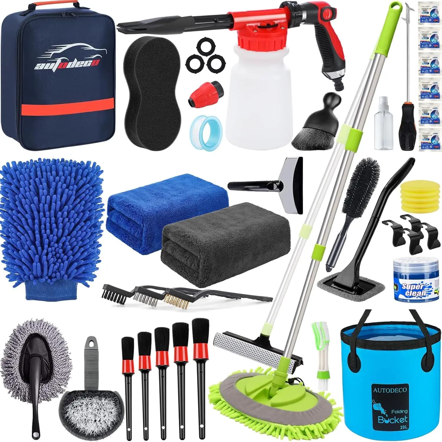 Car Wash Kit 42 Parts with Pistola Schiumogena, Long Handle Brush, Bucket and Complete Cleaning Accessories Interior and Exterior