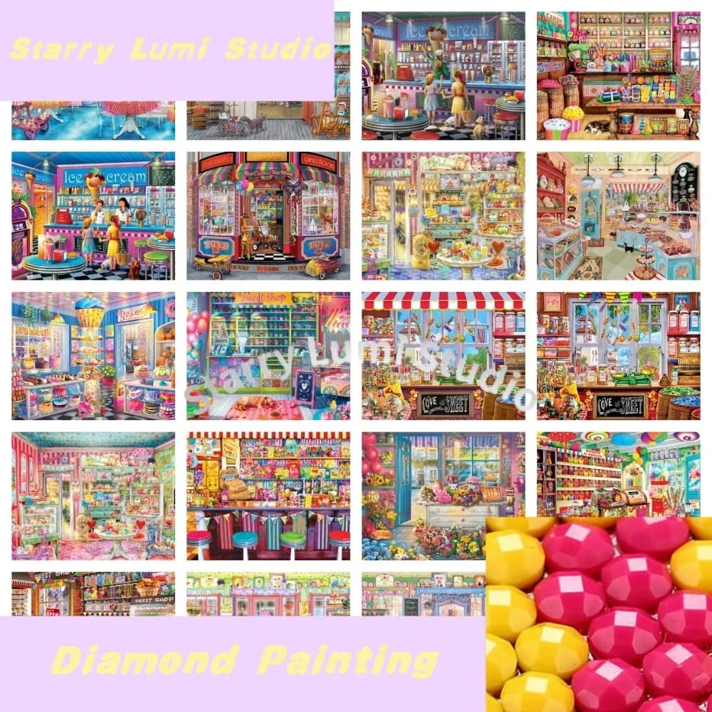 Cupcake Bakery Square Round Diamond Painting House Cross Stitch Kits 5D DIY Diamond Mosaic Shop Landscape Embroidery Cake Decor