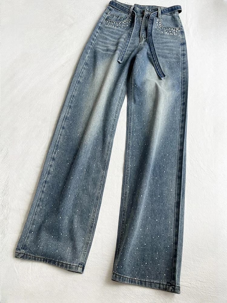 Trendy Straight Leg Denim Jeans Women's Belted Slim Fit High Waist Zipper Closure Casual High Quality Non Stretchy Spring Autumn