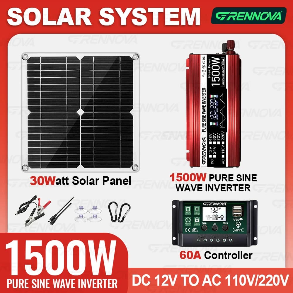 Kit Pannello Solare 30W con Inverter a Onda Sinusoidale Pura 1500W di Picco (800W Continuo) e Regolatore 60A per Casa e Campeggio da 12V a 110/220V