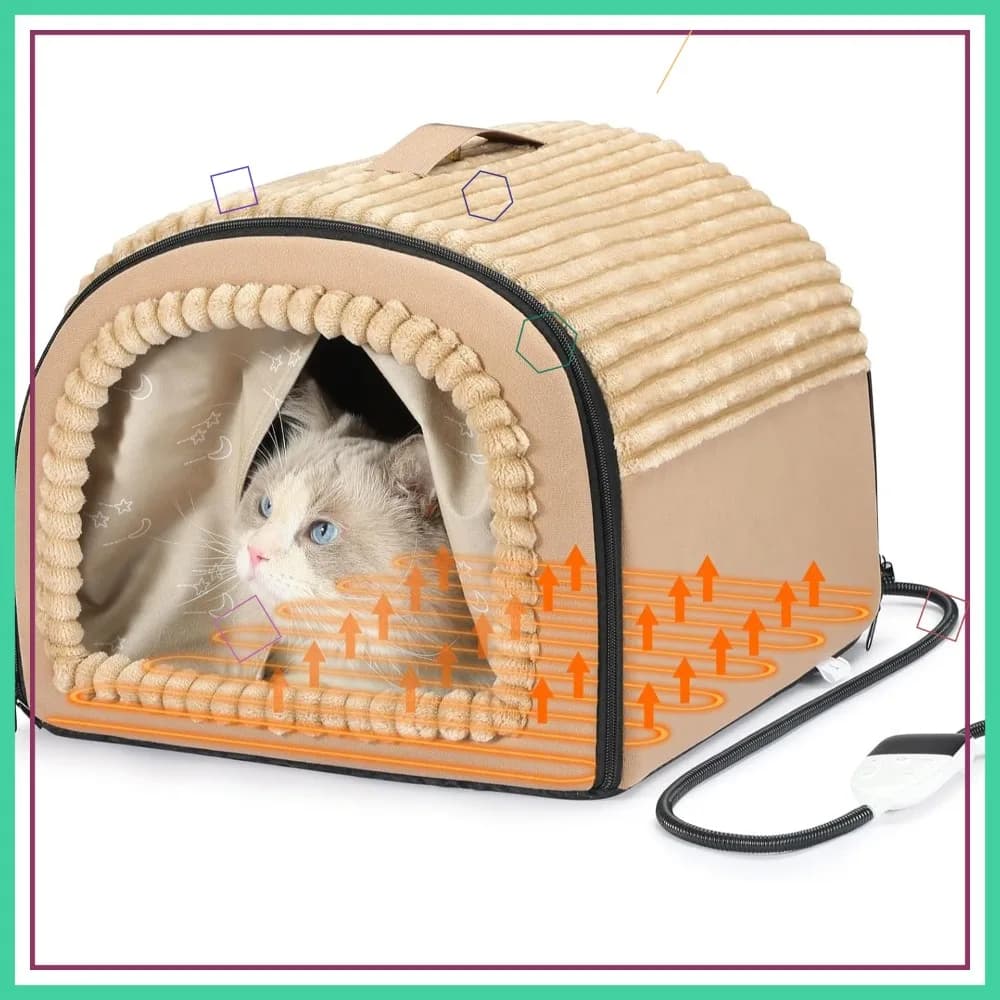 Cuccia Riscaldata per Gatti e Cani di Piccola Taglia, Lavabile e Pieghevole con Cuscino Rimovibile, 45x38x32 cm, Marrone