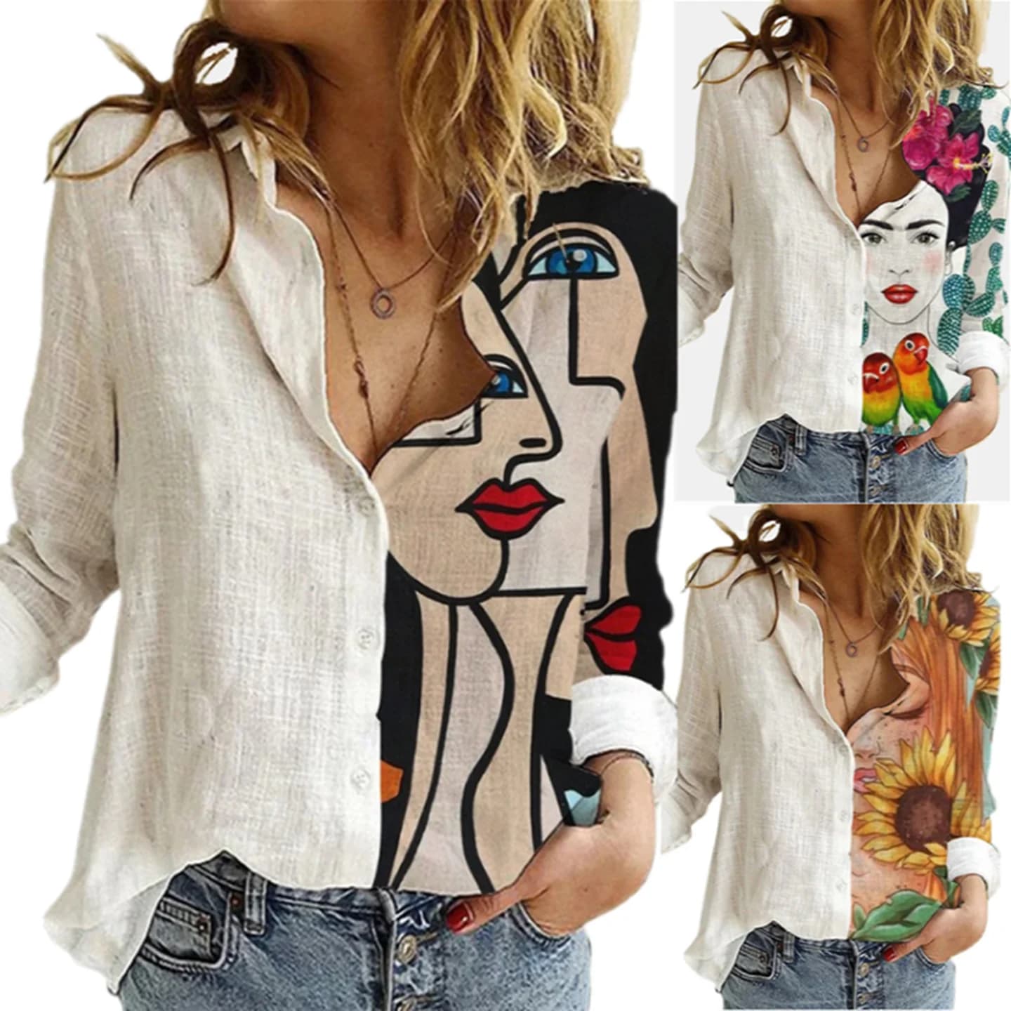 Nuova Camicetta Larga Stampata da Donna 2024, Stile Streetwear, Maniche Lunghe, Scollo a V, Top Comodo e Casual per Signore