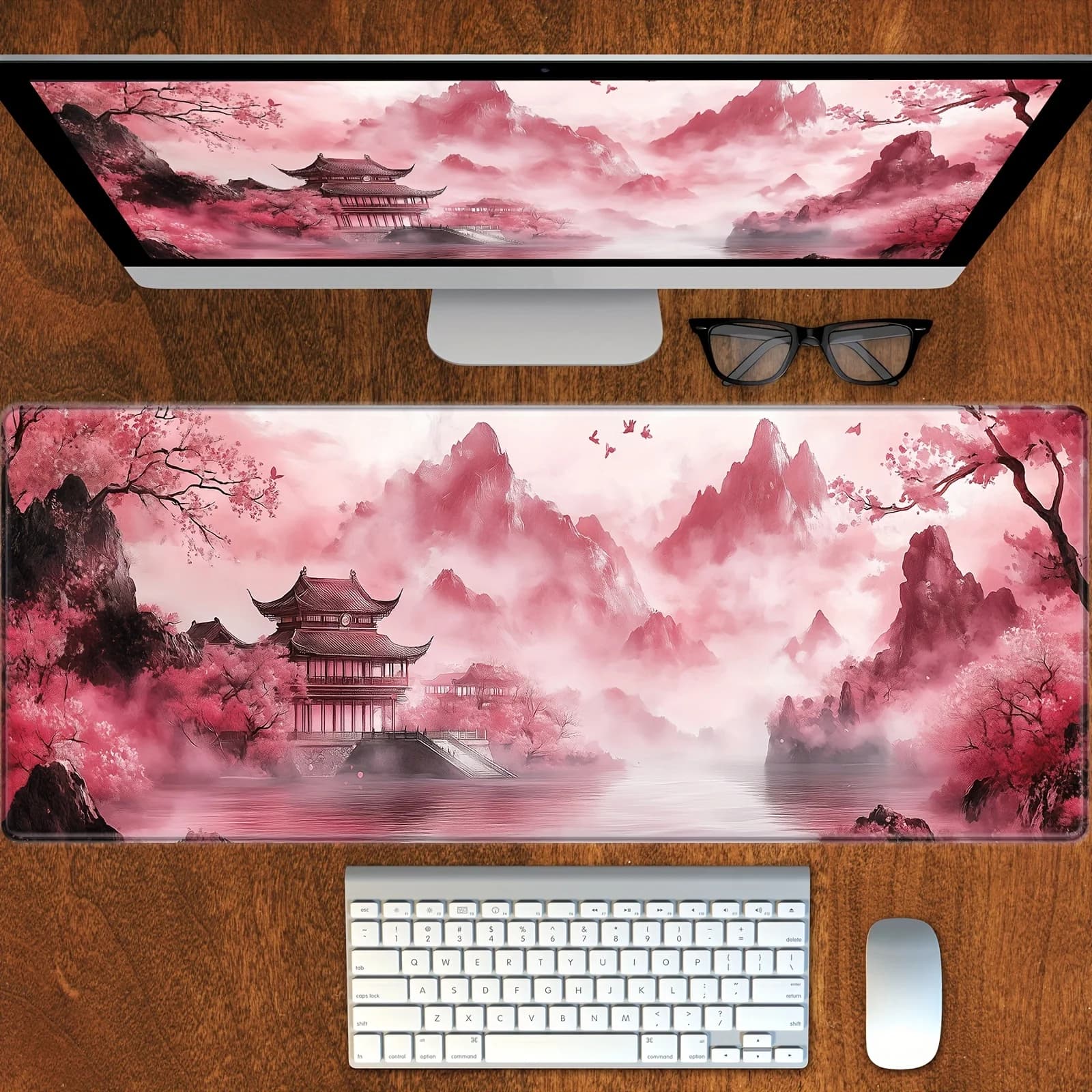 Pink Cherry Blossom Landscape Gaming Mouse Pad, Large Non-Slip Desk Mat with Traditional Pavilion Print for Gamers & Home Office