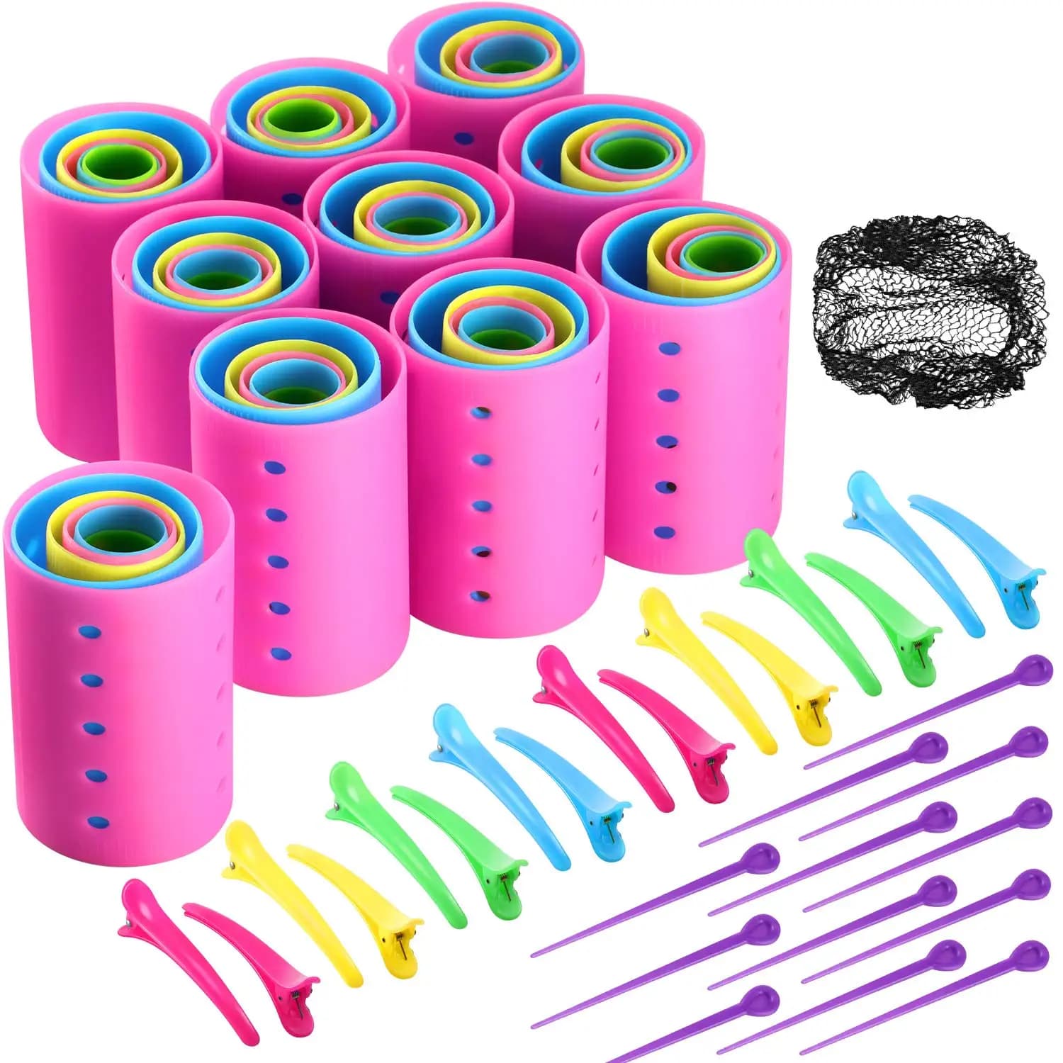 Set di 141 bigodini per capelli - 60 bigodini in plastica in 6 misure, forcine, fermagli e rete