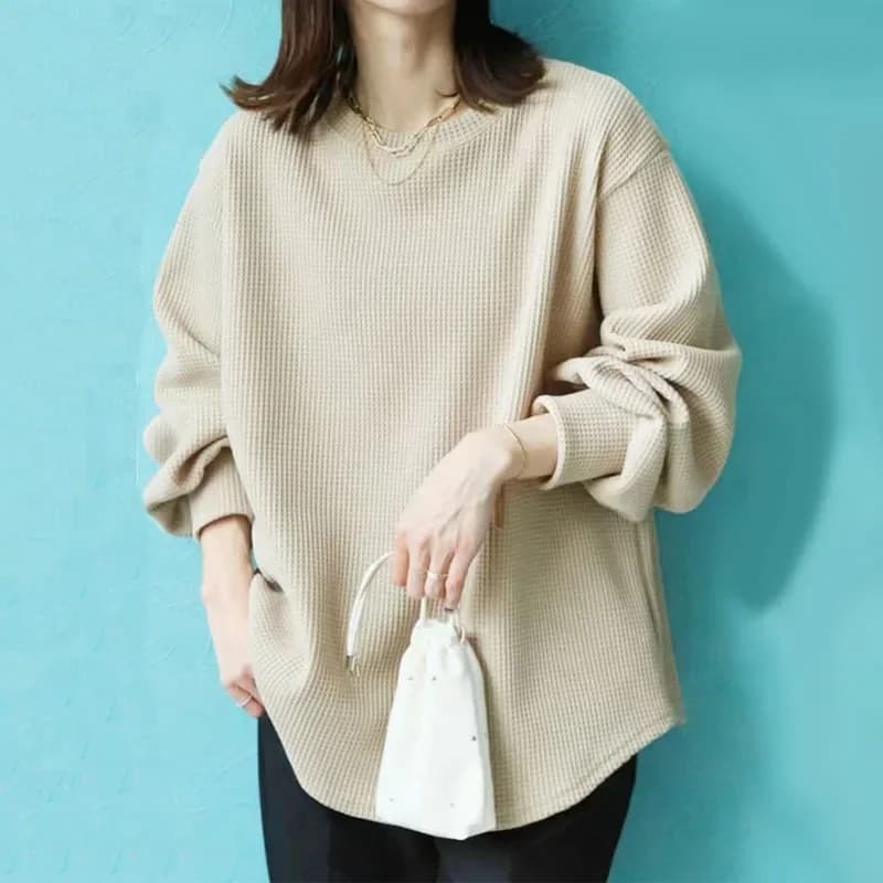 Primavera Autunno Donna Waffle T-shirt Tinta unita Donna Elegante Streetwear Manica lunga O-Collo Tees Casual Pullover allentato Top
