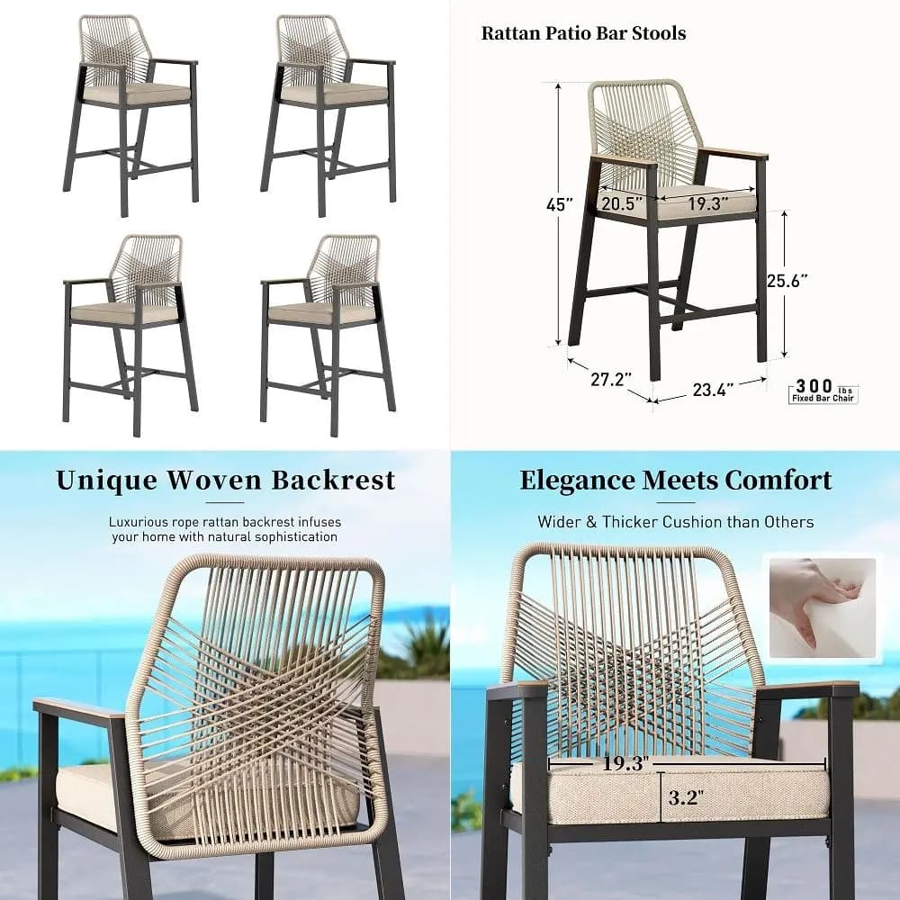Outdoor Bar Stools Set of 4, Rattan High Top Patio Chairs with Waterproof Cushion and Armrest, AllWeather Bar Height Furniture