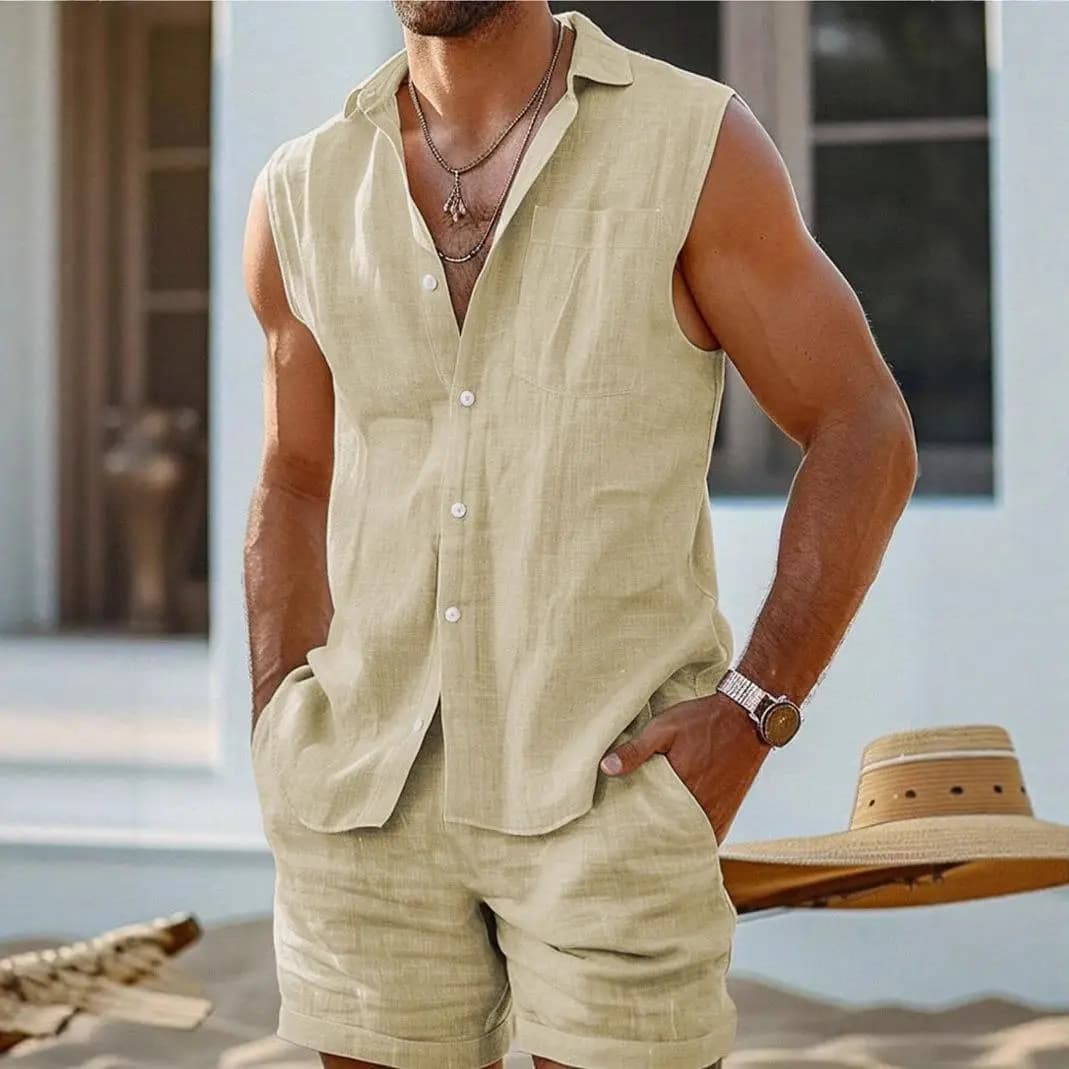 Men's Stand up Collar Cardigan Vest Cotton Linen Suit Casual Sportswear Seven Sleeve Short Pants Autumn Fashion Set