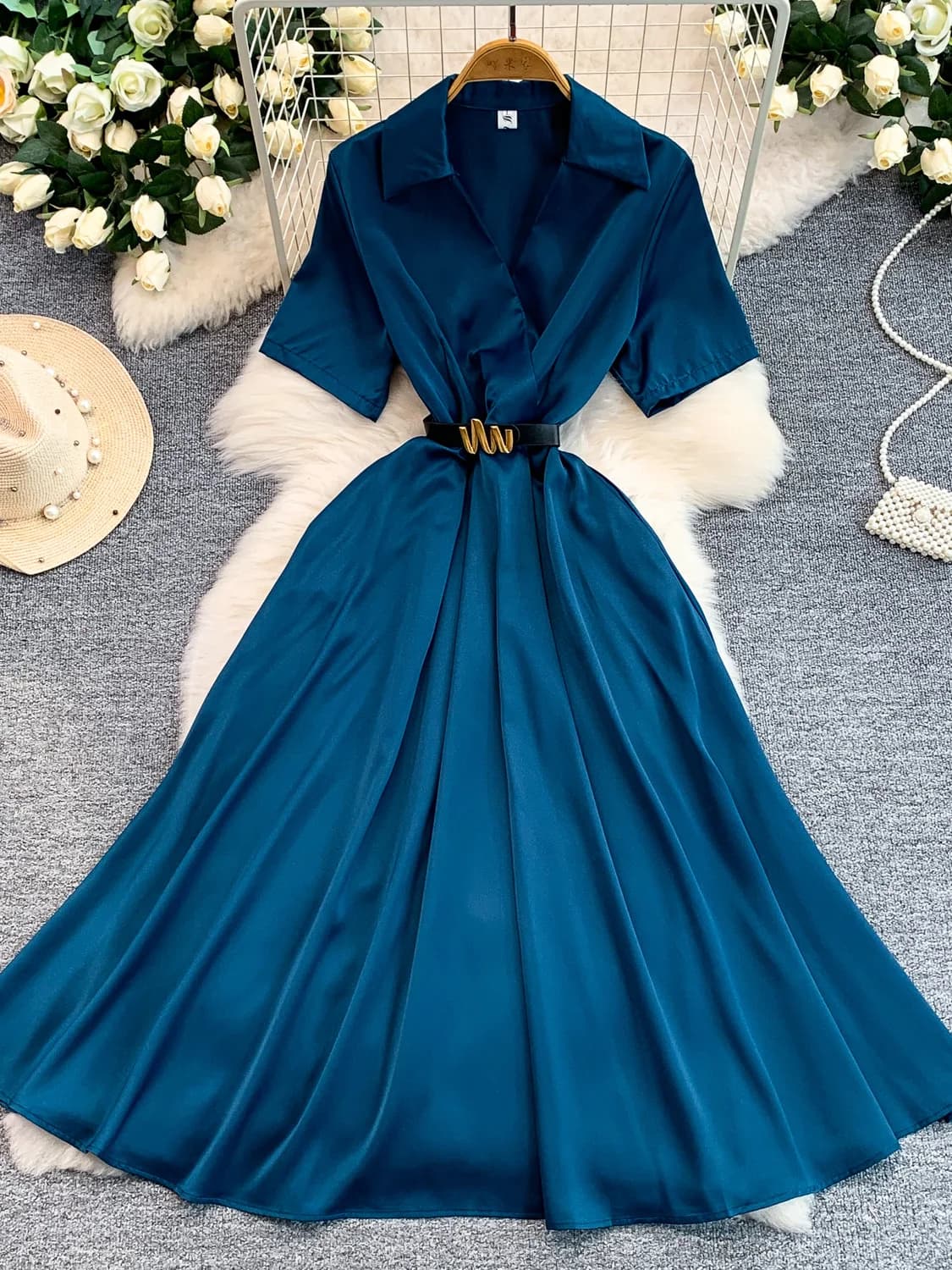 Abito lungo elegante con scollo a V da donna, estivo, a vita alta, con cintura, snellente, in seta, a maniche corte, stile gonna a trapezio