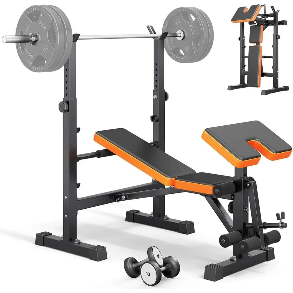 Multi-Function 6 in 1 Weight Bench Set - Leg Press, Preacher Curl Rack, Adjustable Workout Bench & Squat Rack for Full Body Exer
