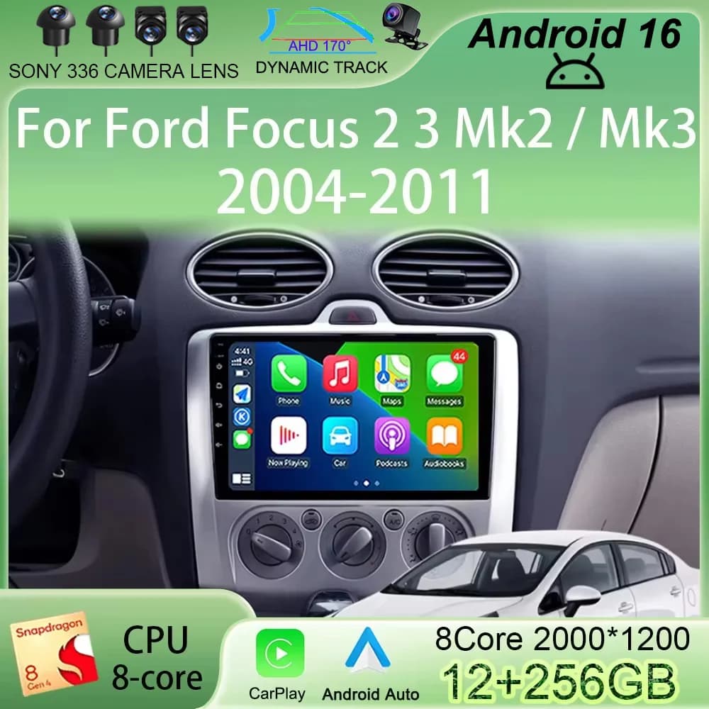 Autoradio Android 16 con lettore multimediale video per Ford Focus 2 3 Mk2 / Mk3 2004 - 2011 2Din, Carplay, Stereo, Bluetooth