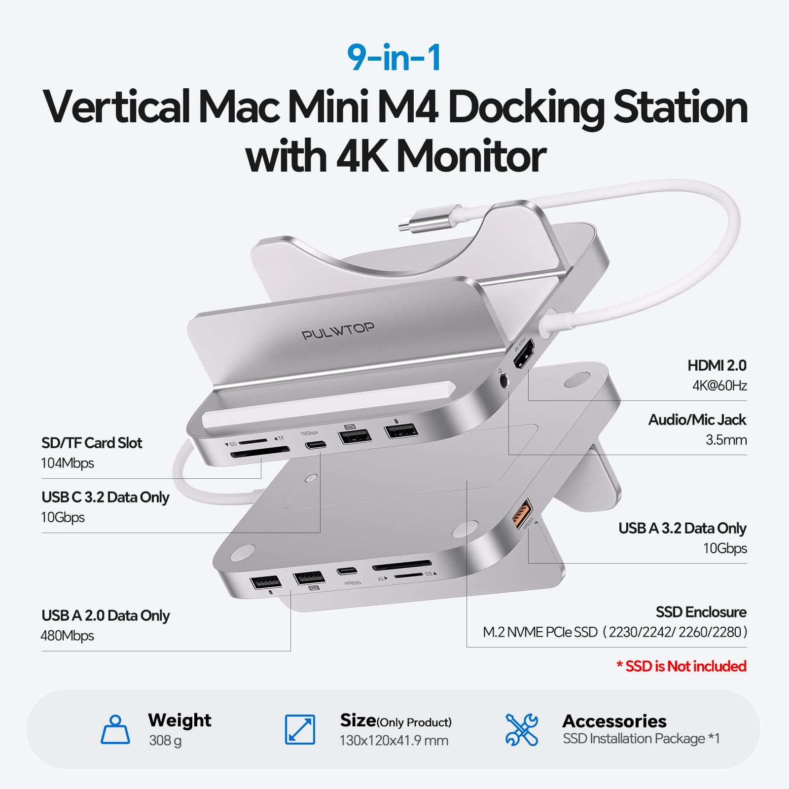 Dock 9 in 1 per Mac mini M4 con HDMI 4K e Enclosure SSD M.2 da 4TB, Supporto Verticale USB-C Hub per Mac mini M4 Pro, USB-A/C 10Gbps