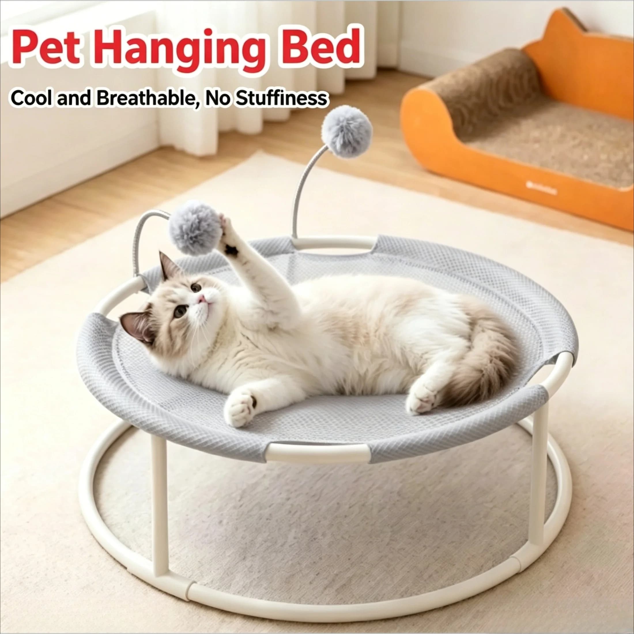 Includes 2 plush balls for teasing cats, cat bed and cat tree combined, suitable for all seasons, summer ventilation, stable and breathable, easy to assemble, detachable and washable.