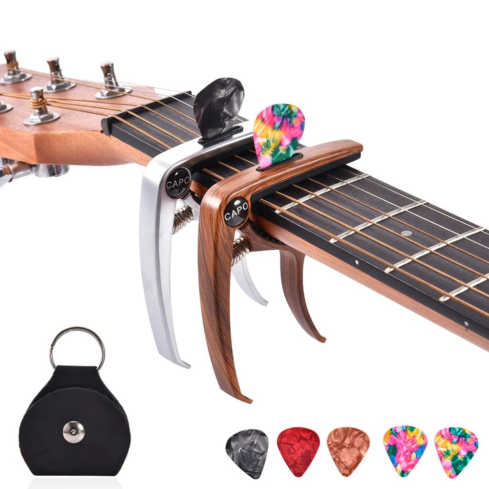 Capotasto in legno + sacchetto per plettri + 5 plettri per chitarra elettrica basso ukulele banjo bandolino
