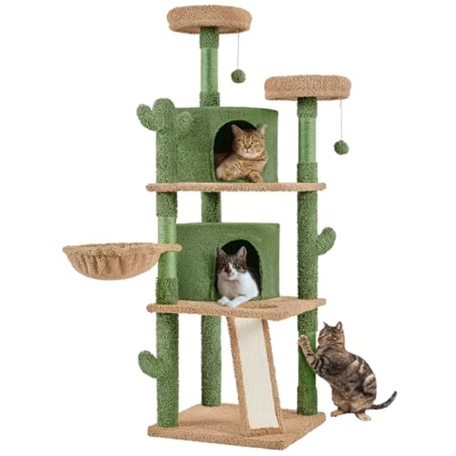 Albero per Gatti a Forma di Cactus 66 cm di Altezza, Torre Multi-Livello per Gatti da Interno, Piattaforme e Cucce Rivestite in Pelliccia Sintetica Verde/Marrone con Rampa e Posatoio Imbottito