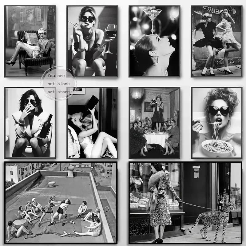 Pittura su tela Stampe murali Immagini Donna vintage che fuma Lettura Giornale Foto degli anni '30 Nero Bianco Poster artistici Arredamento della camera