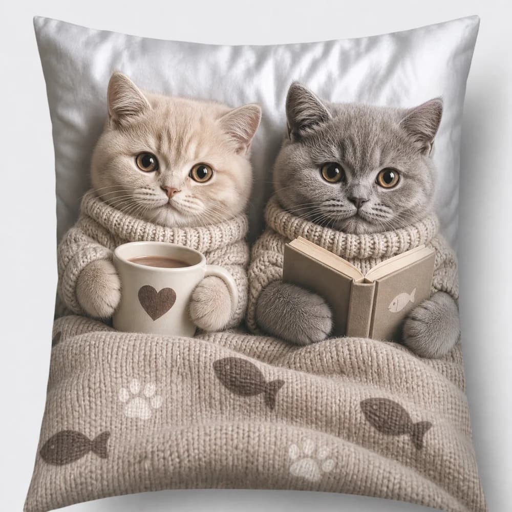 45*45cm Polyester Fiber Cushion Cover, Soft Knitted Sweater Cat, Hot Coffee, Book, Small Fish Paw Print Square Pillow Cover, Home Sofa Decoration