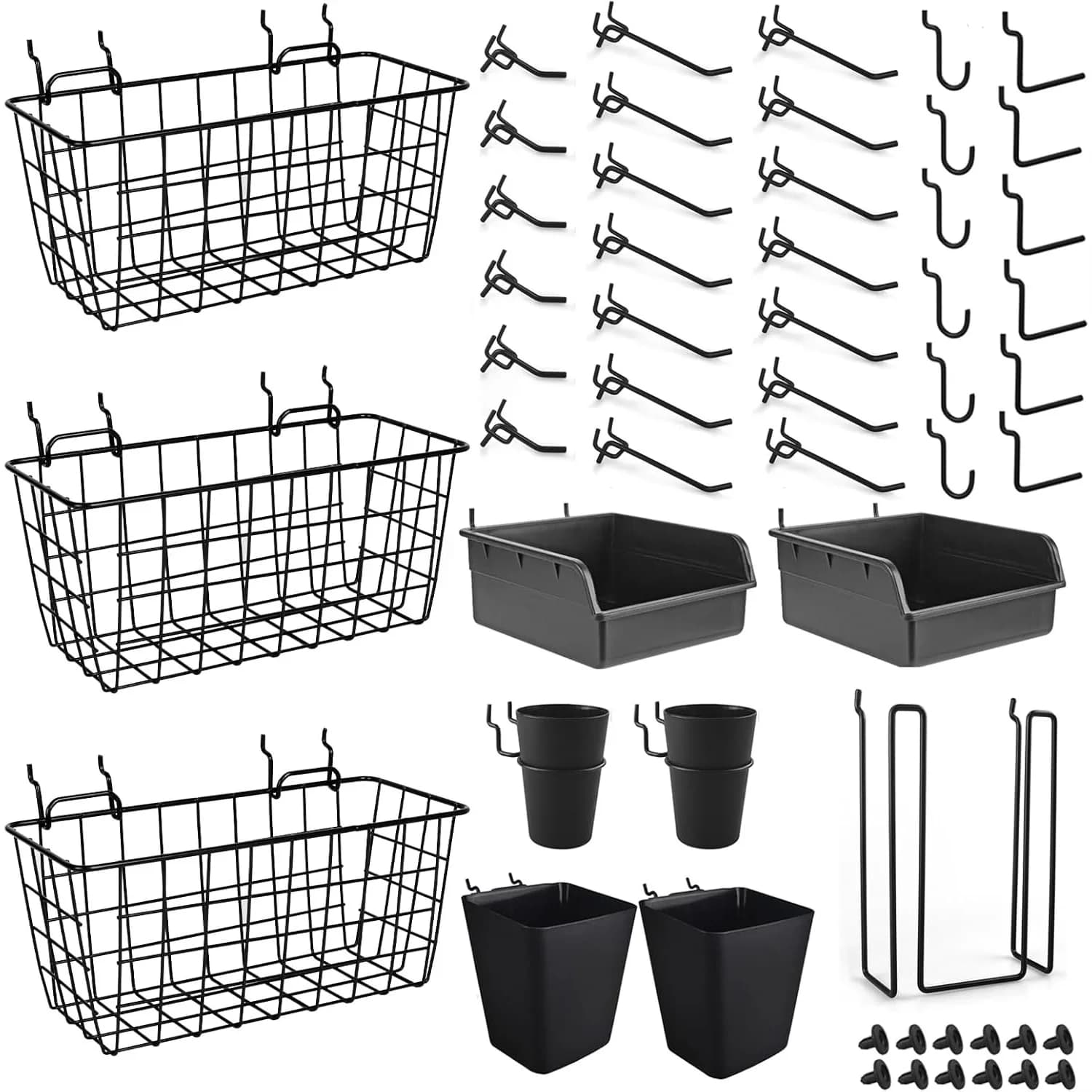 Set di 42 Organizzatori a Cesto per Pannelli Forati, Cesti Grandi, Ganci, Contenitori e Vaschette per Organizzazione a Parete, Organizzazione Attrezzi da Garage, Nero