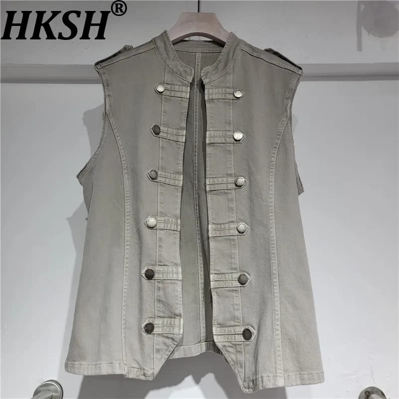 HKSH Women Denim Waistcoat O-neck Double-breasted Buttoned Streetwear Y2K Hip Hop Casual Sleeveless Jacket Spring Summer HK22051