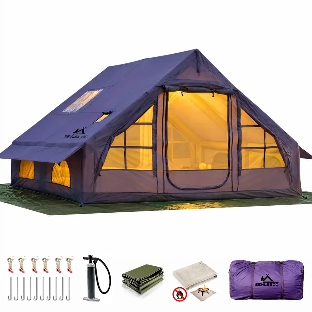 Tenda Gonfiabile Viola da 129 Piedi Quadrati per 6-8 Persone, per Campeggio, 4 Stagioni, Facile da Montare, Impermeabile, in Oxford, con Telo
