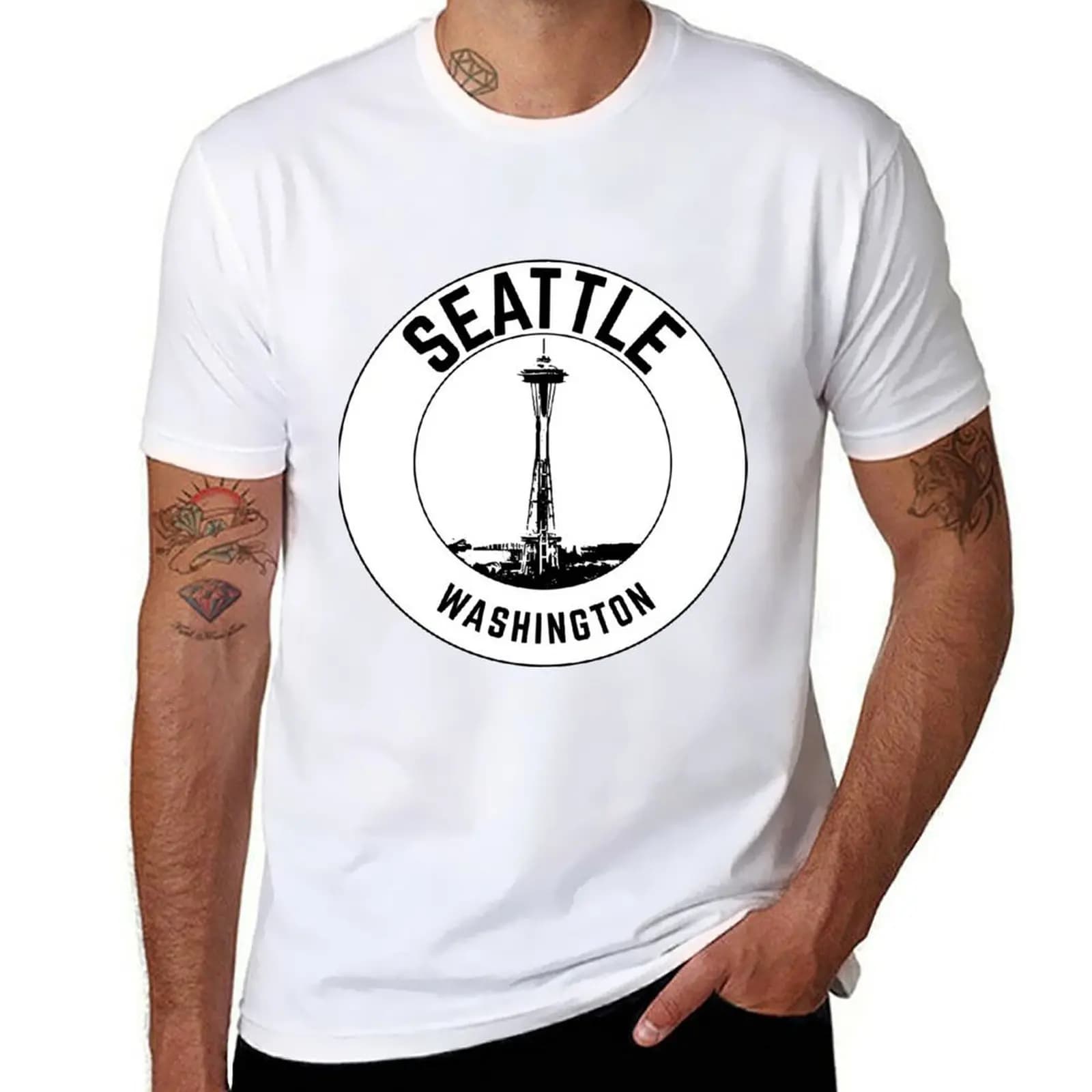 T-shirt Seattle Space Needle Travel Sticker con stampa estiva a maniche corte