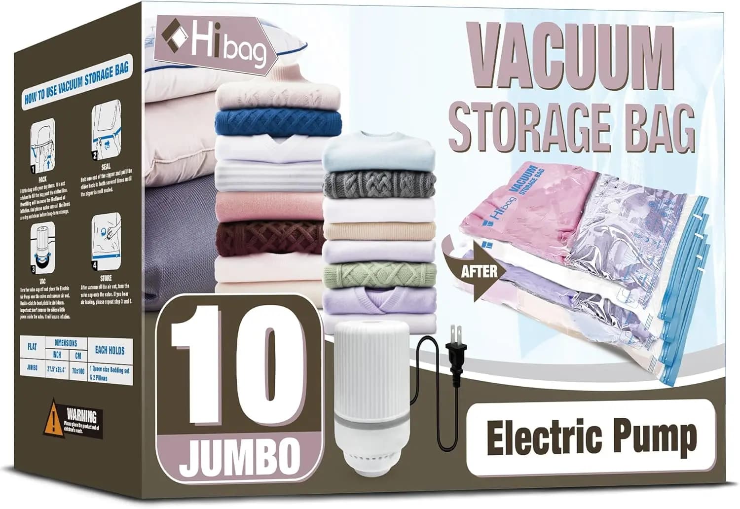 Sacchetti Sottovuoto con Pompa Elettrica, Confezione da 10 Jumbo, per Comprimere Vestiti, Coperte, Cuscini, Biancheria da Letto