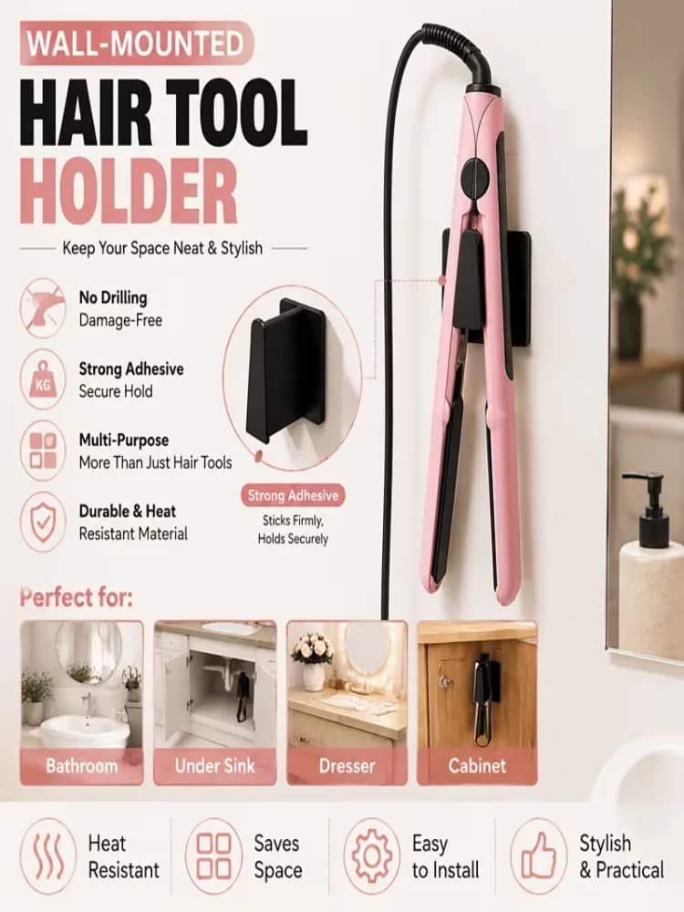 Strong Adhesive No-Drill Wall Hook Heat-Resistant Hair Tool Organizer Rack for Straight Hair Clips without Wall Damage