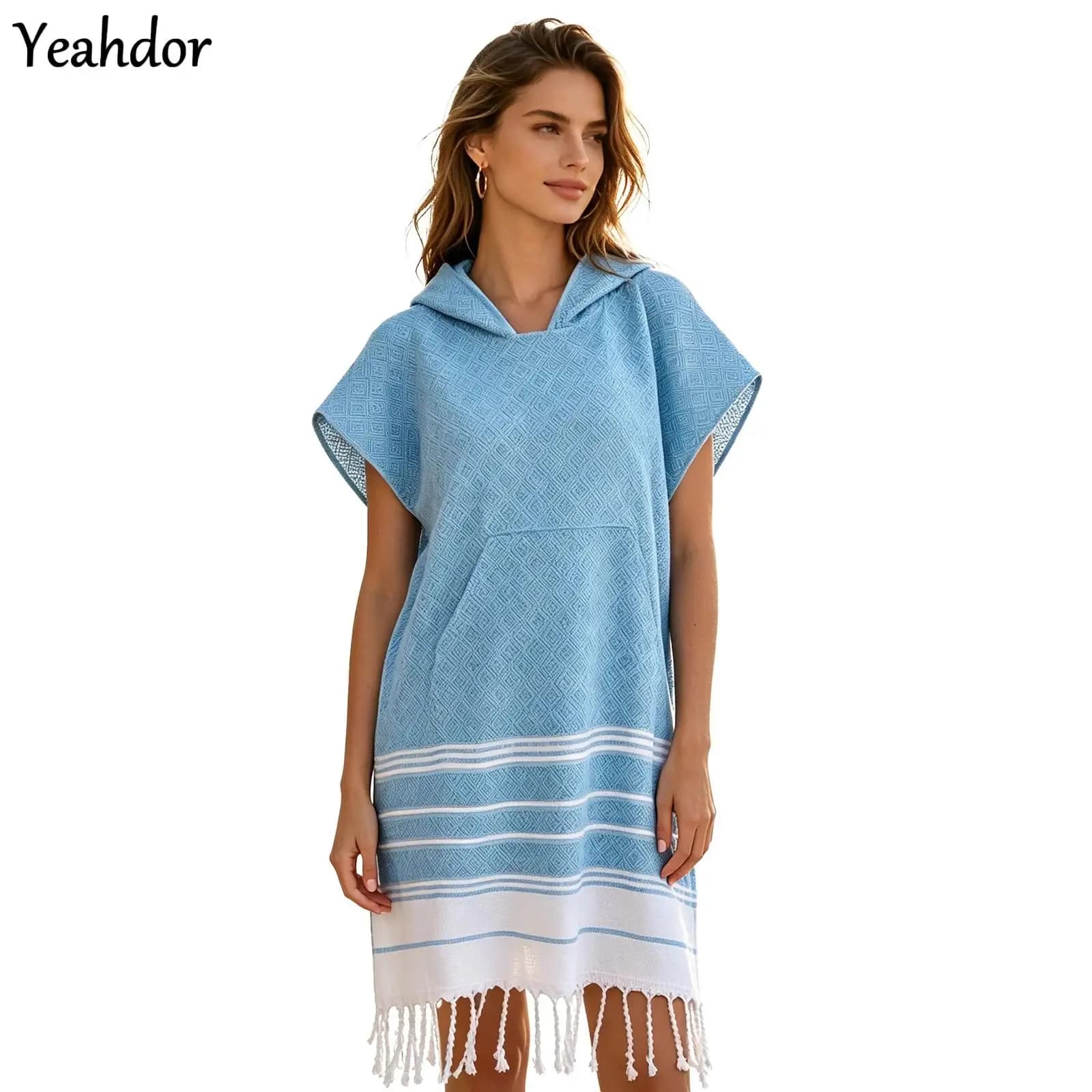 Adult Men Women Print Hooded Towel Cloak Beach Changing Robe Cover Up Bathrobe Tassel Cape with Pocket Vacation Swimming Surfing
