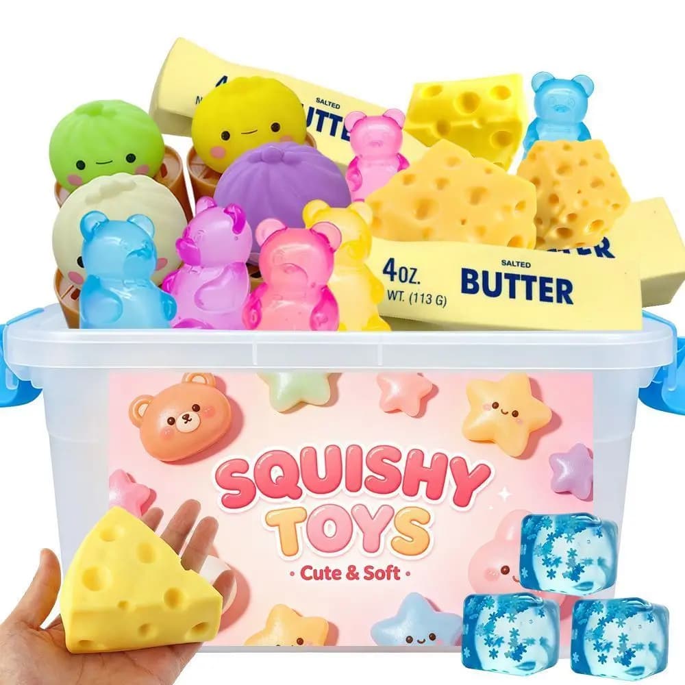 Squishy multiuso a lenta risalita, assortiti: Giocattoli da schiacciare a forma di formaggio, panini al vapore e gnocchi, pane al burro lungo, squishy a forma di orso
