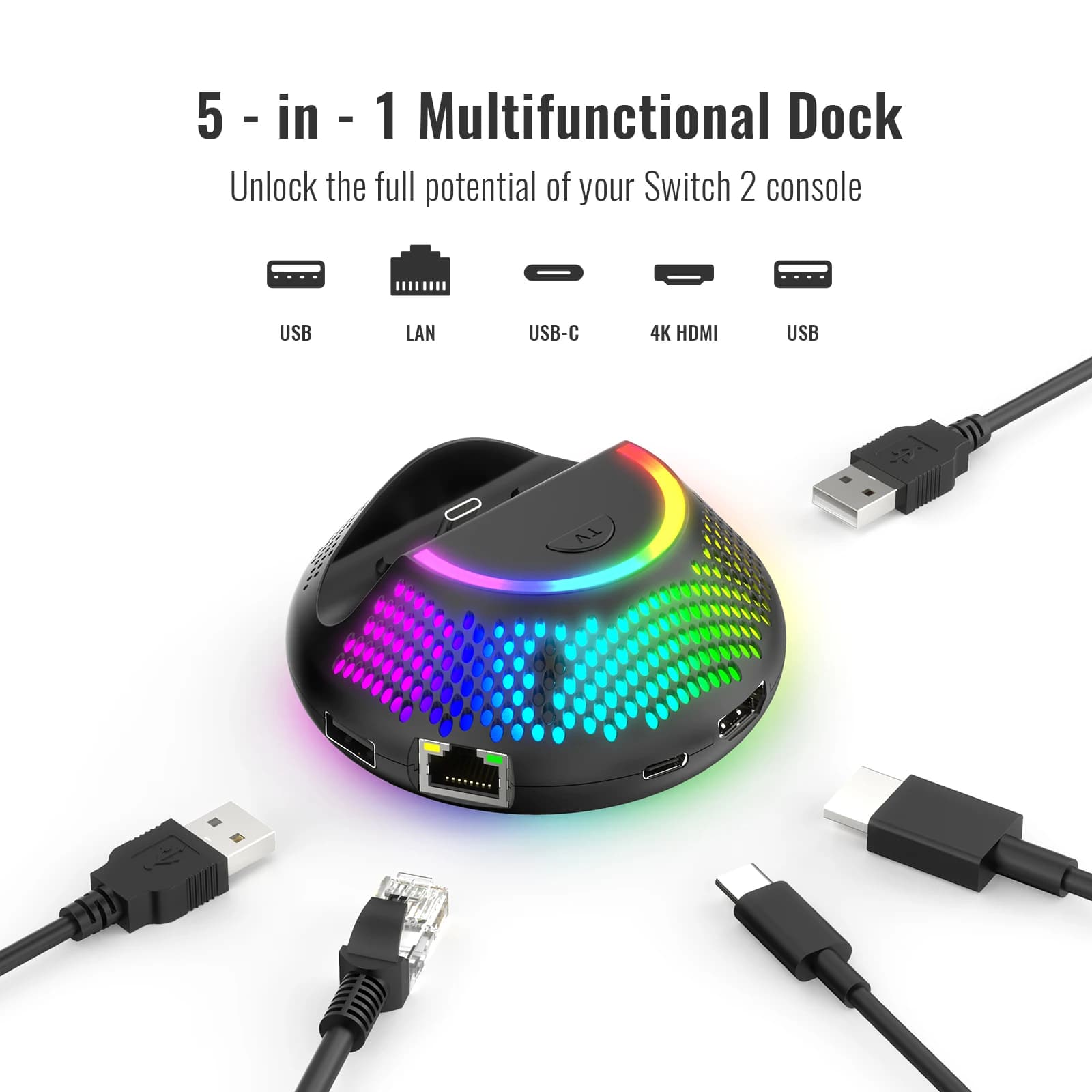 Dock station TV per console Switch 2 con illuminazione RGB - Supporto base convertitore video per NS2, docking station TV portatile circolare
