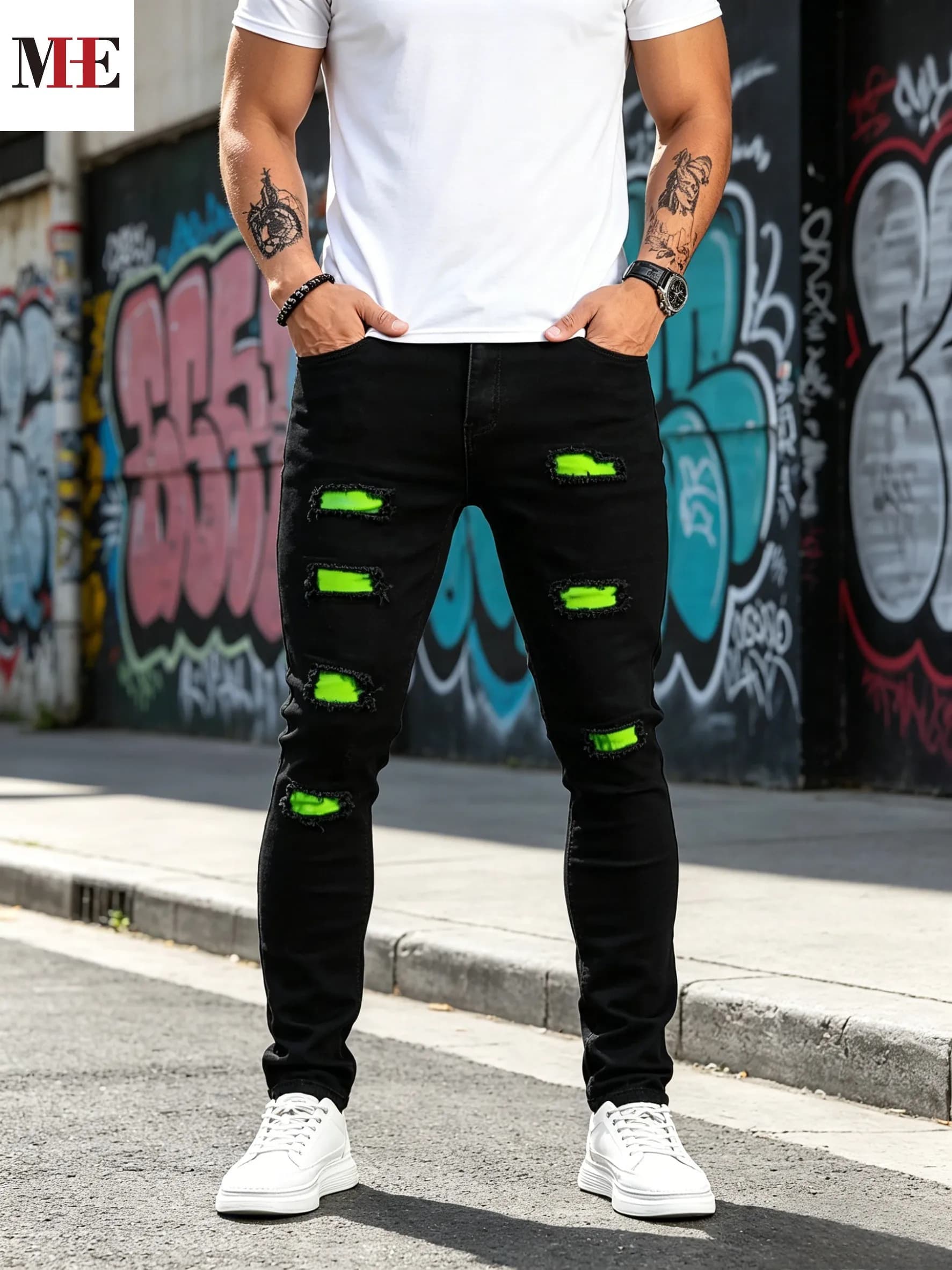 【HME】Men's jeans | Solid black slim skinny denim pants featuring multi frayed ripped cuts with striking fluorescent green inner patchwork, fade-resistant stretch premium denim fabric, exquisite raw-edge craftwork, eye-catching street-styled men's distinct