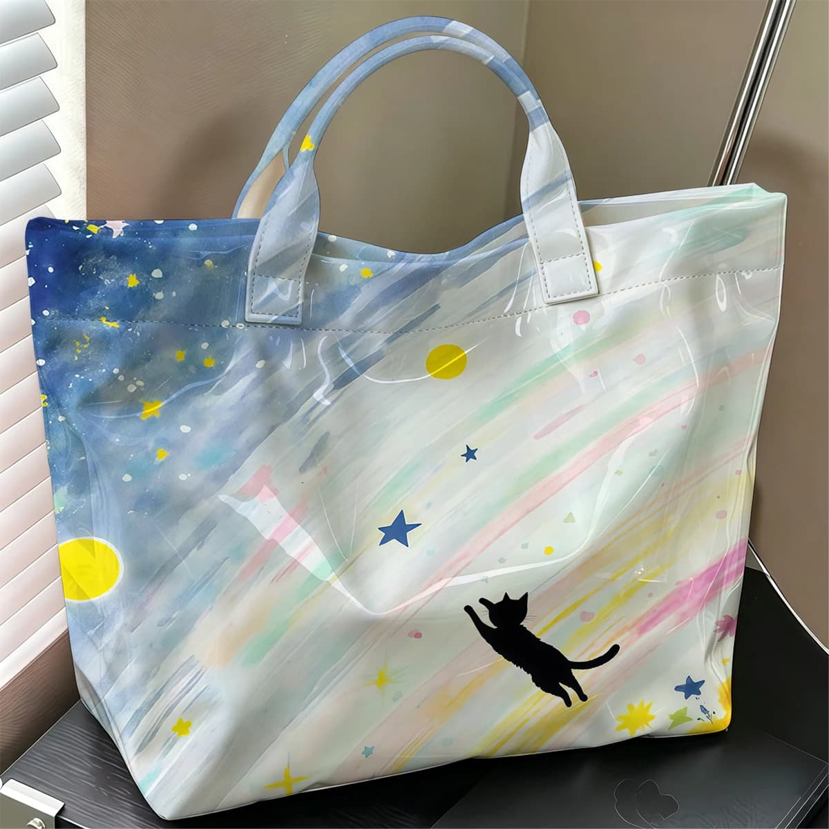Starry Cat Stylish Large Glossy PVC Tote Bag Washable Waterproof Durable Ideal for Travel Commute Cosmetics Books Handbags