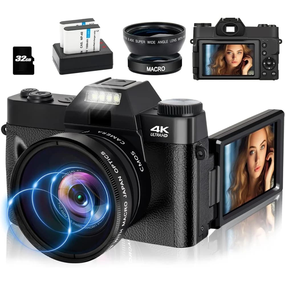 Fotocamera digitale 4K per fotografia Videocamera compatta con messa a fuoco automatica WiFi da 48 MP Zoom digitale 16X Fotocamera Vlog anti-vibrazione Schermo ribaltabile da 3"