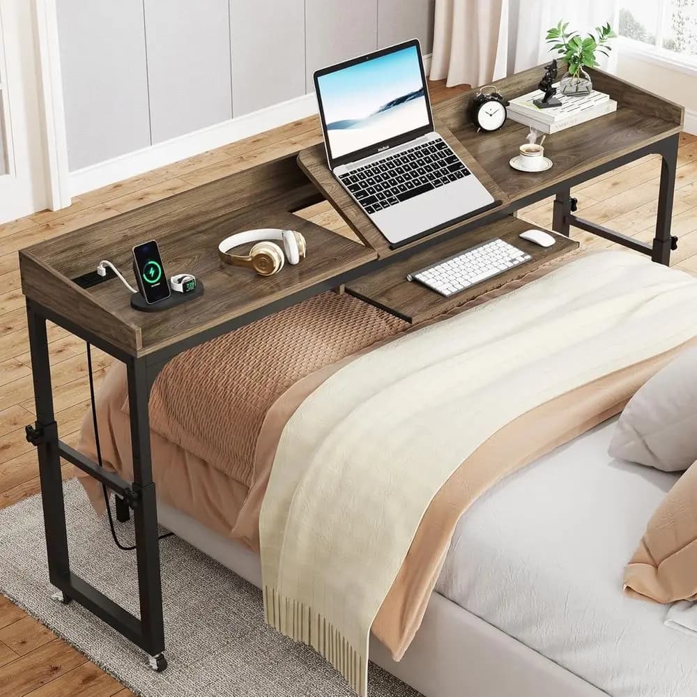 Tavolino da letto regolabile in altezza, scrivania queen size con ruote, supporto mobile per laptop con prese e porte USB - Grigio