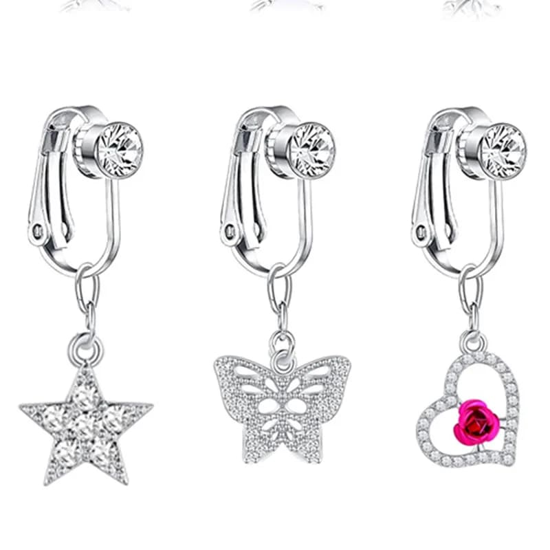 Clip per orecchini con cartilagine ombelicale con zirconi Y2K a forma di cuore e farfalla per ombelico falso N101323
