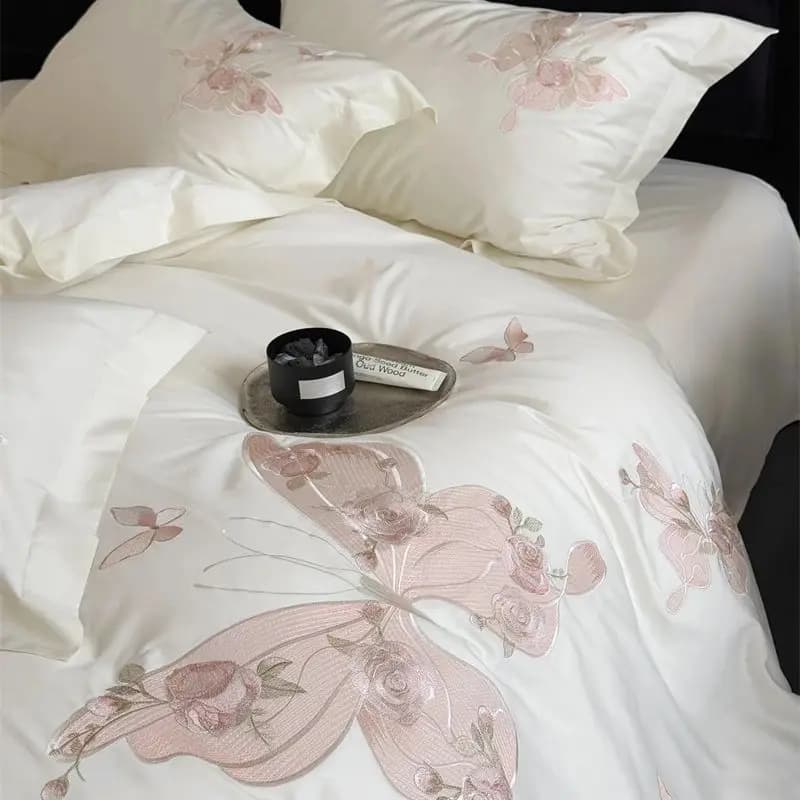 Set of Luxury Bed Linens in Egyptian Cotton 1000TC with Butterfly Embroidery, Cover, Flat Bed Sheet/With Corners, Loyalty, 4 Pieces