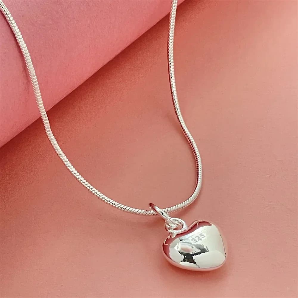 DOTEFFIL Necklace with Heart Shaped Small Solid Color Silver Snake Chain 16-30 Inch for Fashion Jewelry with Women's Wedding Charm