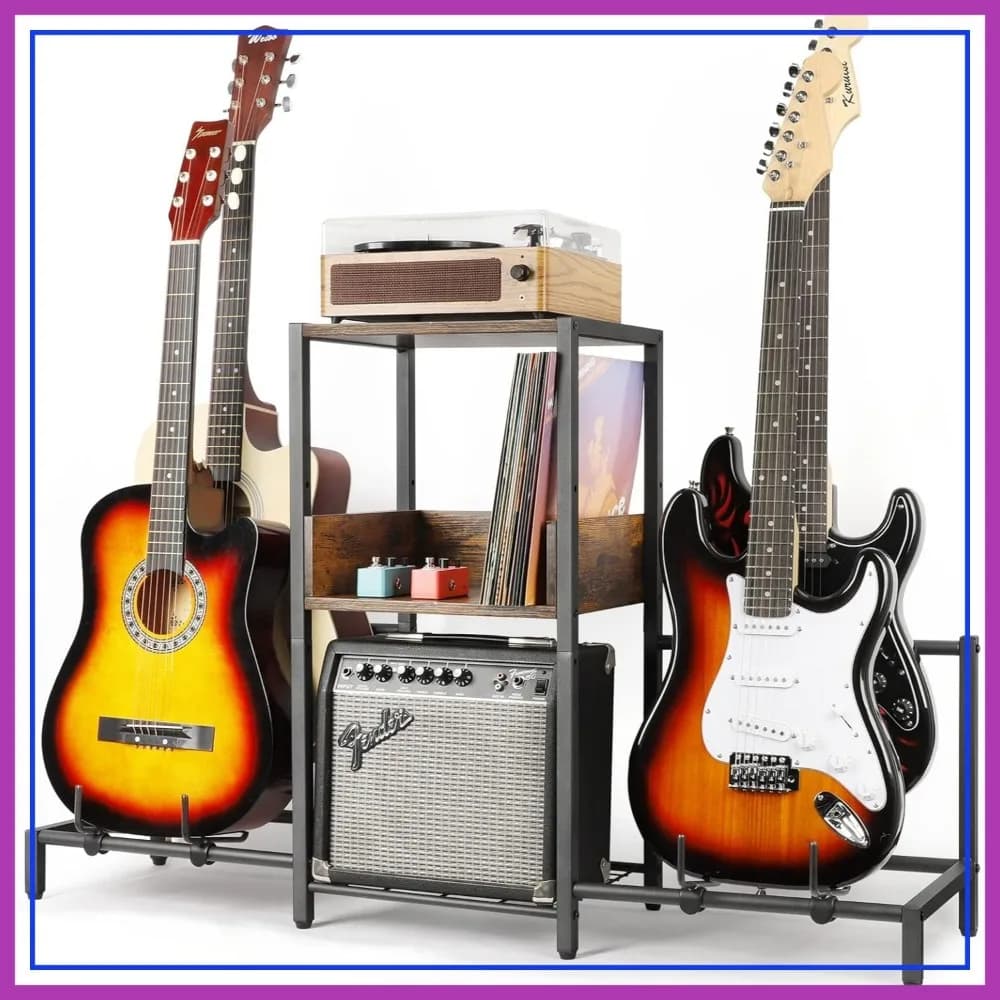Supporto da pavimento per 4 chitarre con ripiano per amplificatore, porta chitarre acustiche, elettriche, bassi e ukulele, espositore multi-chitarra regolabile per studio e casa