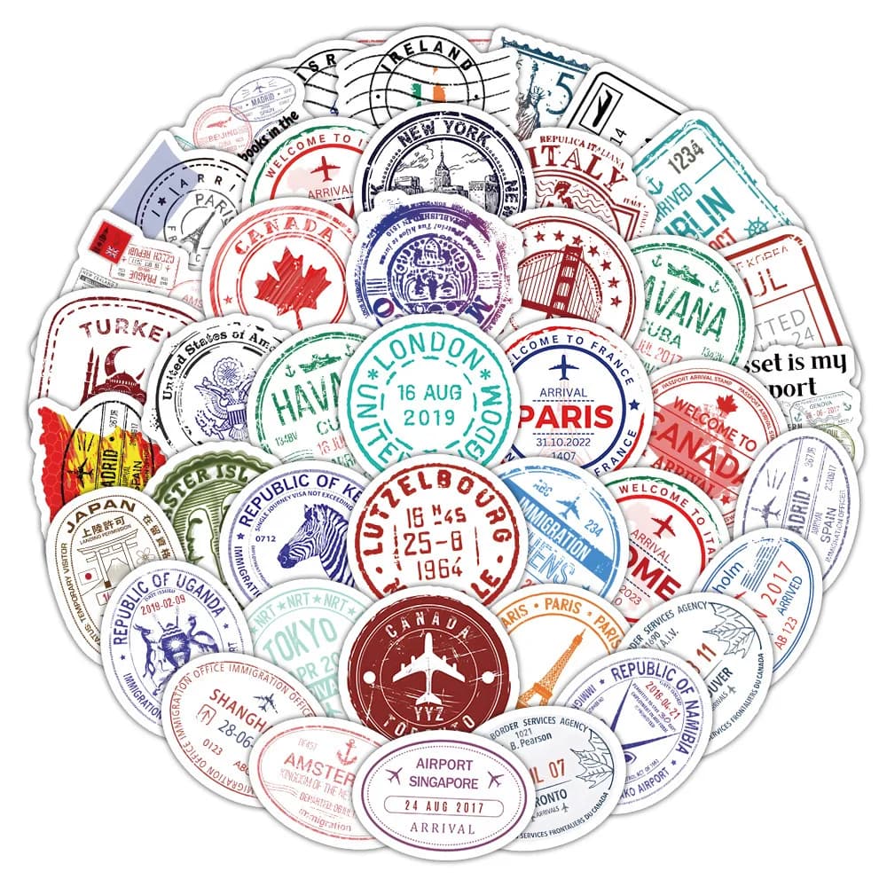 10/50 pezzi timbro per passaporto adesivi graffiti cartoni animati valigia decorativa custodia per cellulare tazza d'acqua chitarra auto decalcomania impermeabile
