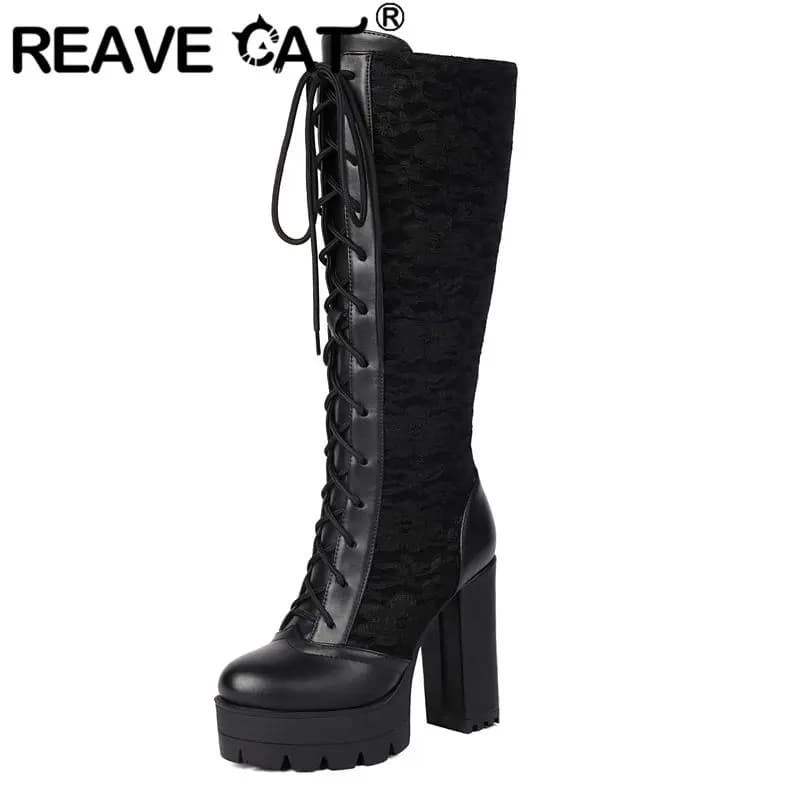 REAVE CAT 2025 Women's Knee Boots Lace Round Toe Heels Platform 11.5 cm Platform 3.5 cm Strings Multi color 49 50 Fashionable Boots