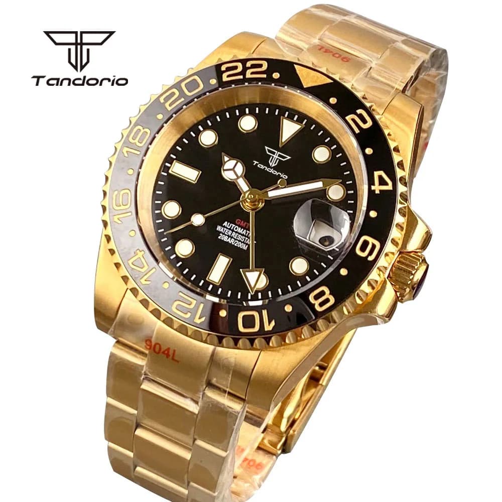 Tandorio GMT NH34A Orologio subacqueo automatico di lusso con rivestimento in oro per uomo Orologio da polso con data in zaffiro con lunetta a 120 clic